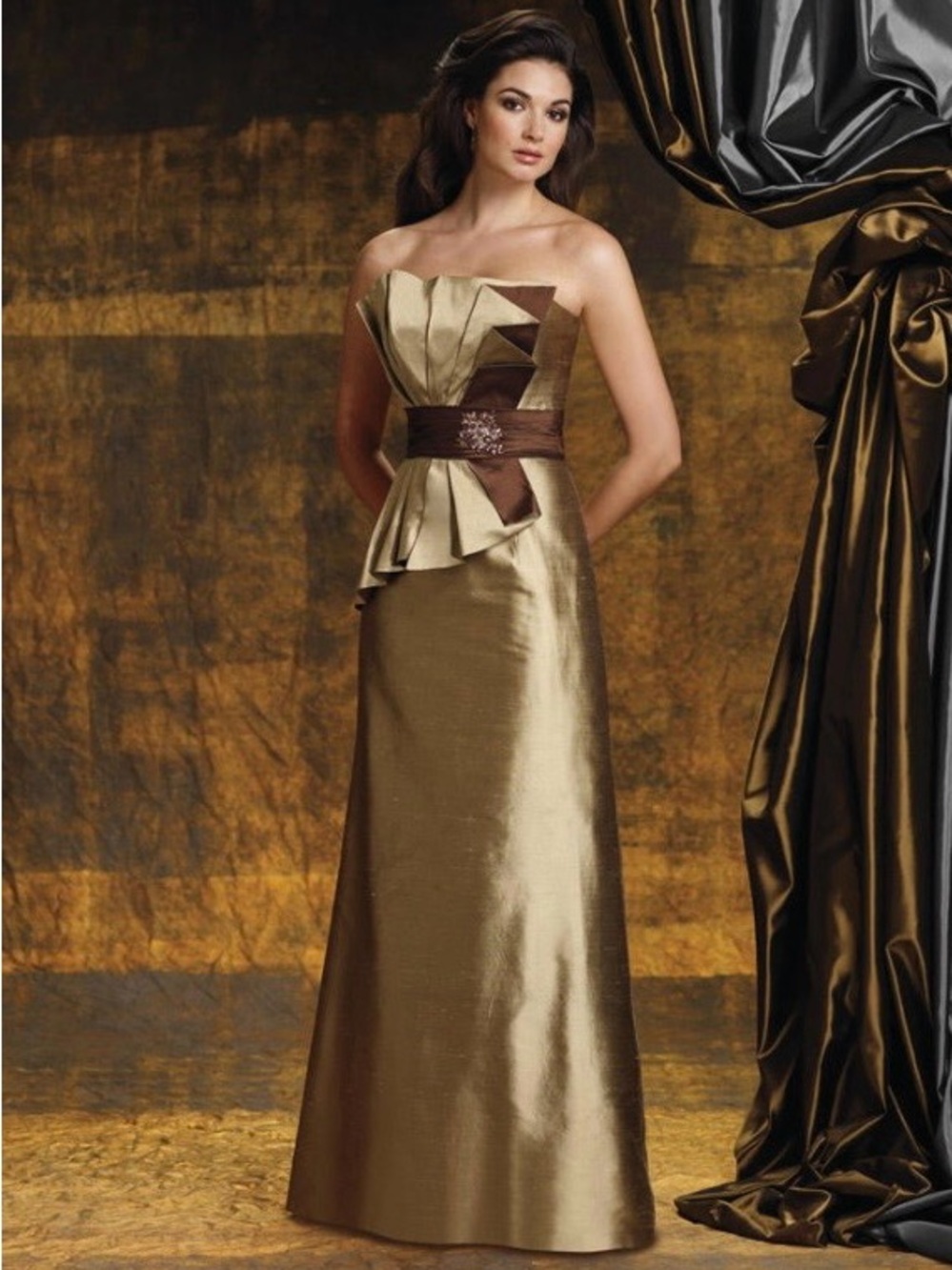 Strapless Gold Evening Gown with Brown Accents